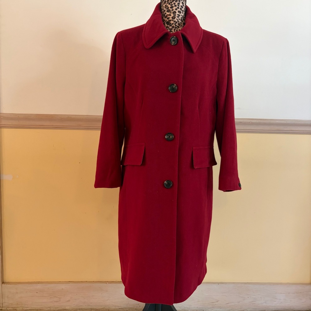 Anne Klein Red Wool Cashmere Blend Button Front Long Coat Womens 12 RN 79675